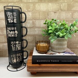 Stackable Coffee Mugs in Stand - Black, Set of 4, Each hold approx 12 oz.